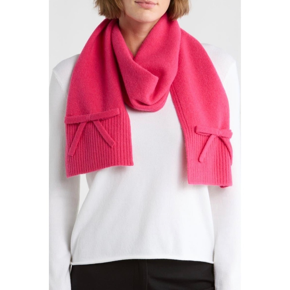 Kate Spade New York NWT Pompom Pink Wool Bow Knit Scarf
